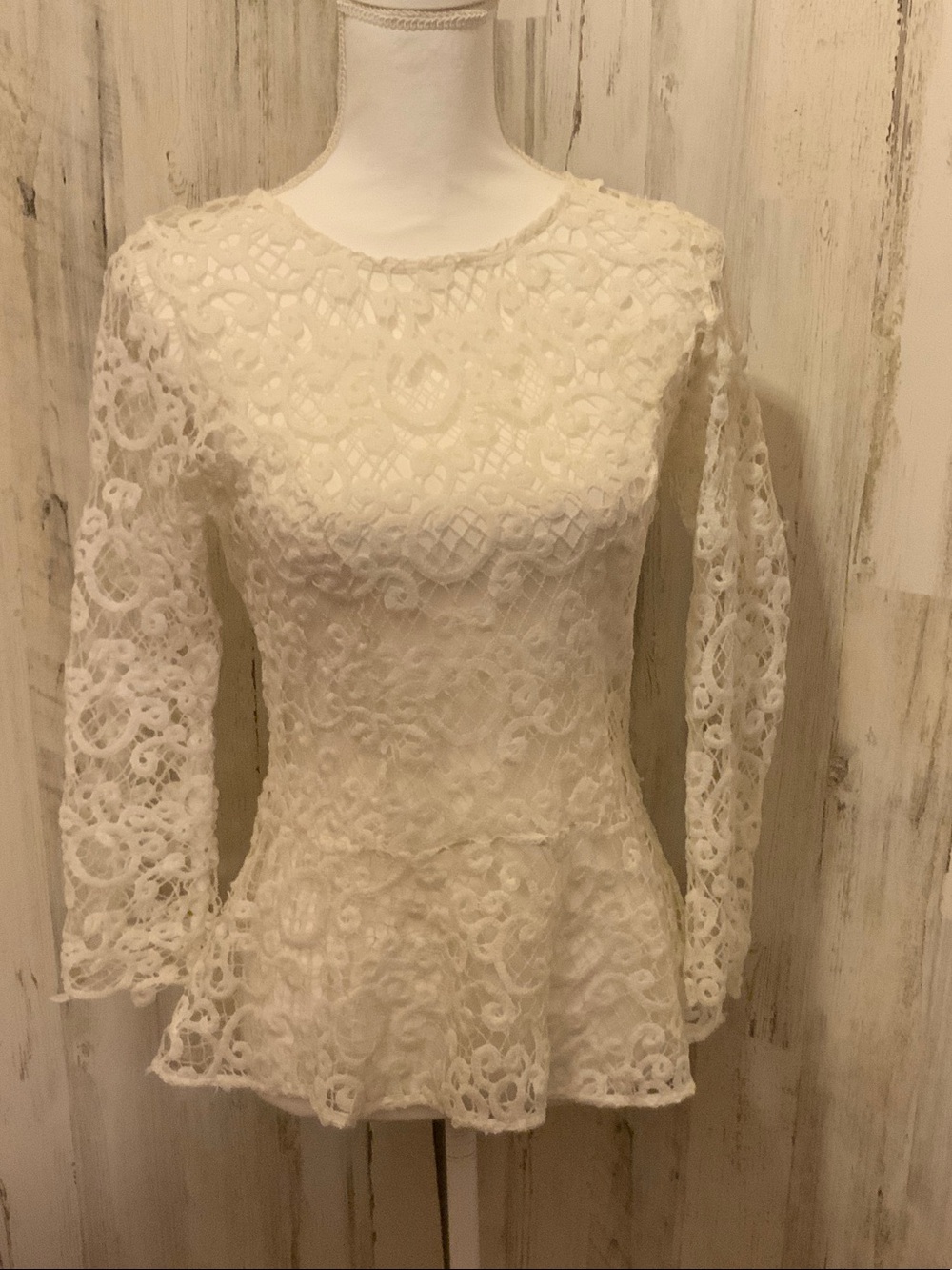 Lulumari White Lace Peplum Blouse with Long Sleeves